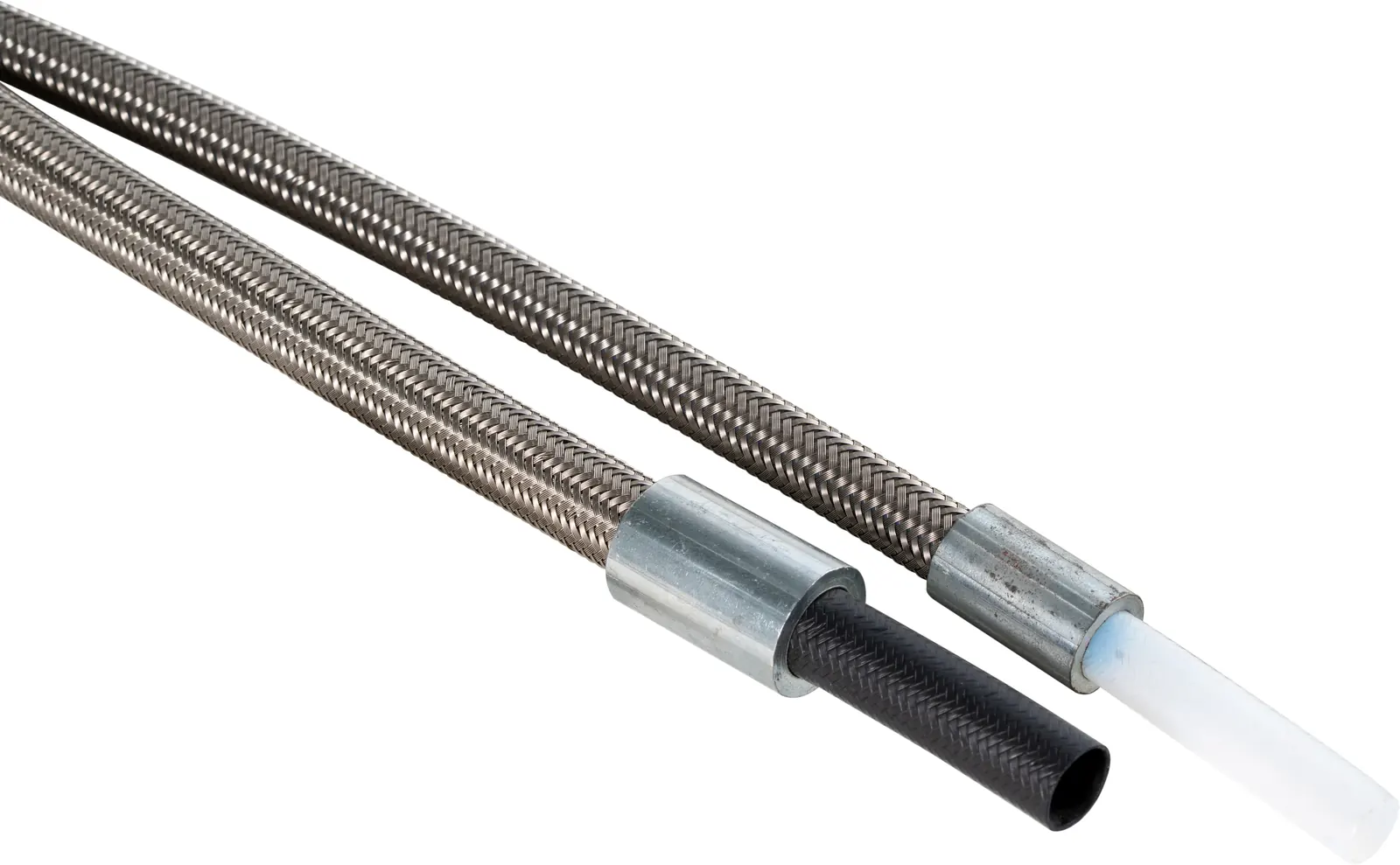 SS braided PTFE hoses cut back to compare a black conductive core with a natural white core